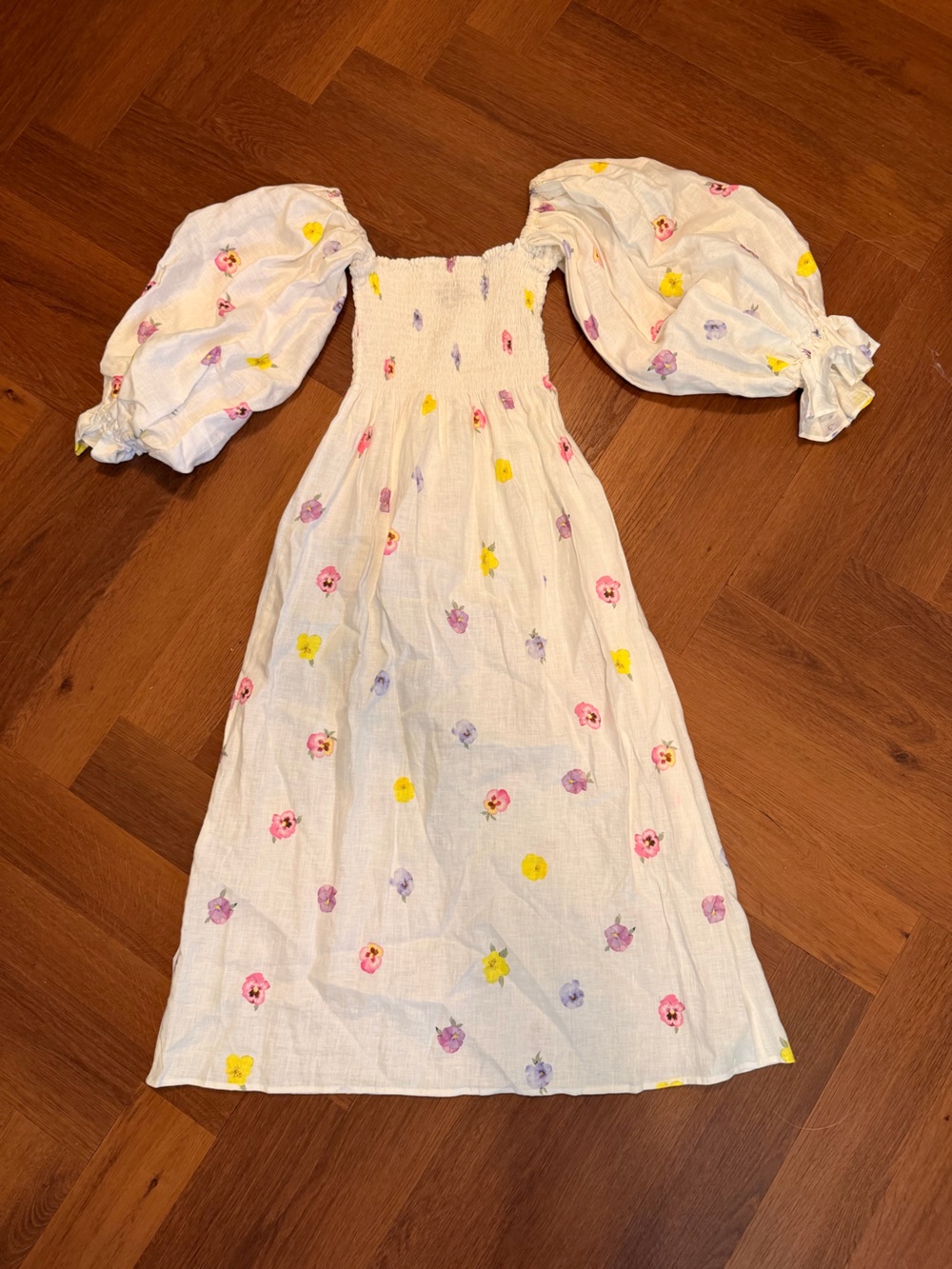 Sleeper White Linen Pansy Floral Smocked Puff Sleeve Midi Dress S